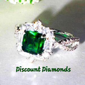 Deep Green 1.5 Ct Halo Emerald & White Baguette Diamond Cocktail Ring 925 Silver